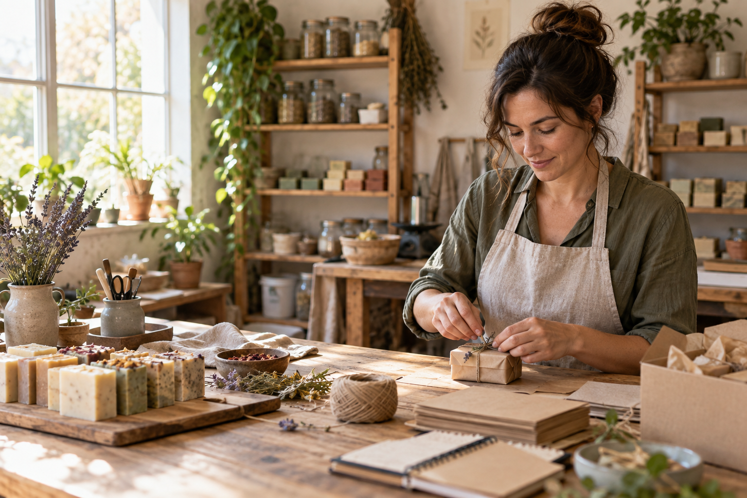 An artisan calmly wrapping handmade soap in a warm, organized workshop.