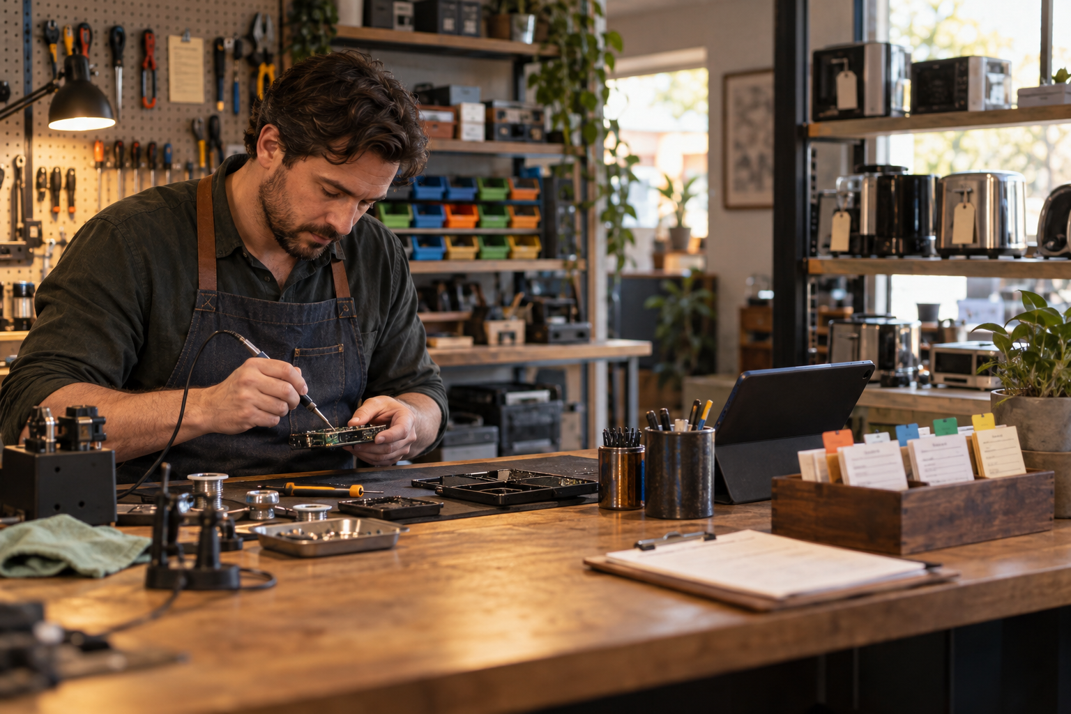 A repair technician working calmly at an organized electronics bench.